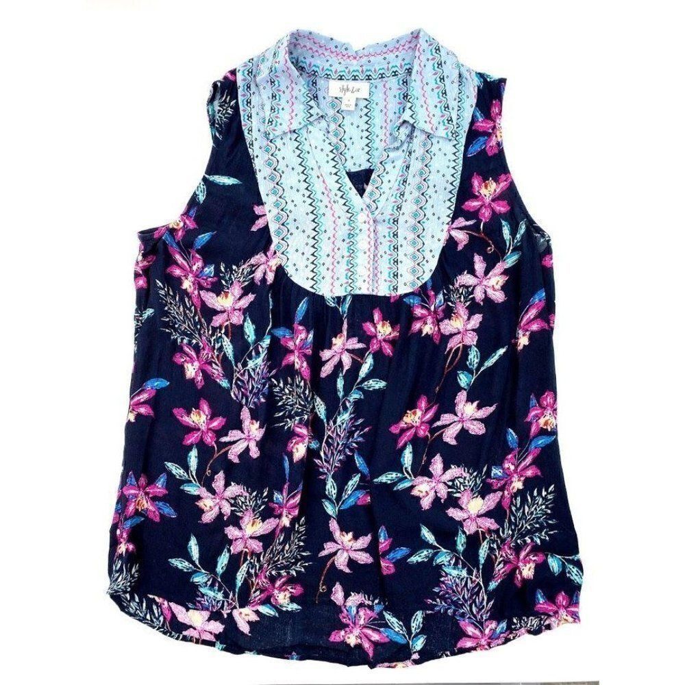 Style & Co Shirt Top Large Blue Black Mixed Media